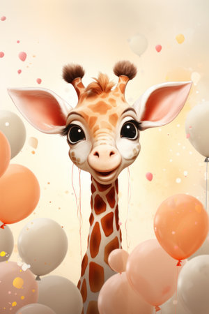 Cute giraffe with balloons and confetti on a light backgroundの素材