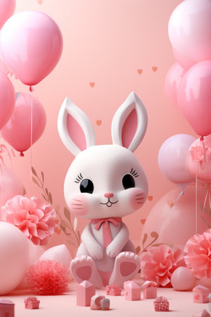 3d render of cute bunny with pink balloons and flowers on pink backgroundの素材