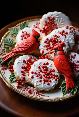 Christmas cookies with red cardinal birds on wooden background. Selective focus.の素材