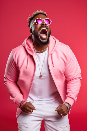 Young african american man in pink hoodie and sunglasses on a red background.の素材