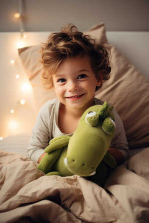 Portrait of cute little girl with toy in bed at home.の素材