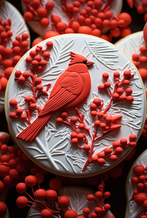 Christmas gingerbread cookies with a red cardinal bird on top, close-upの素材