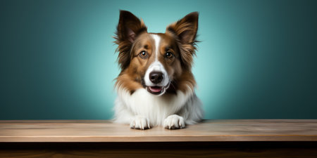 Border Collie dog sitting on a wooden table and looking at the cameraの素材