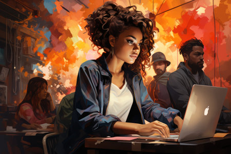 Young woman working on laptop in a coffee shop. 3d renderingの素材