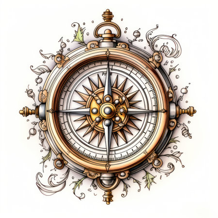 Vintage compass on the white background. Hand drawn vector illustration.の素材