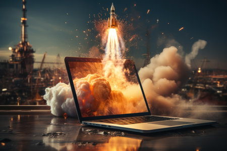 Startup concept. Rocket launch from laptop screen. 3D Renderingの素材