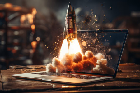Rocket takes off from a laptop screen. Start up business concept.の素材