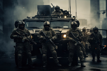 War Concept. Military silhouettes fighting scene on war fog sky background, World War Soldiers Silhouettes Below Cloudy Skyline At night. Attack scene. Armored vehicles. Selective focusの素材