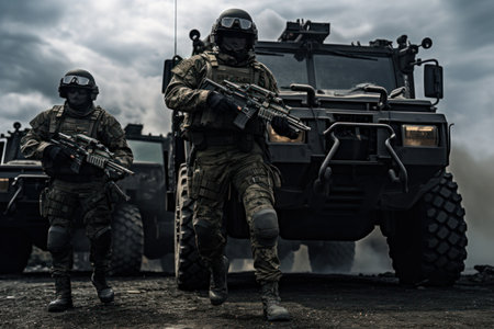 United States Navy special forces soldiers in action during a military training.の素材