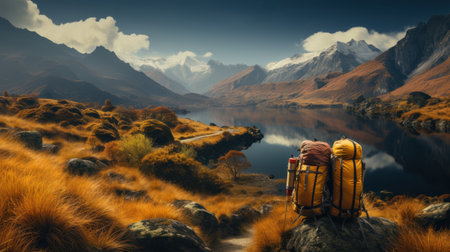 Hiker with backpack at mountain lake. Trekking in New Zealandの素材