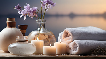 Spa still life with towels, candles and flowers on wooden backgroundの素材