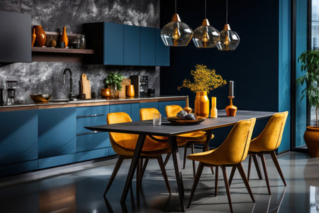 Interior of modern kitchen with dark blue walls, concrete floor, black cupboards and wooden table with yellow chairs. 3d renderingの素材