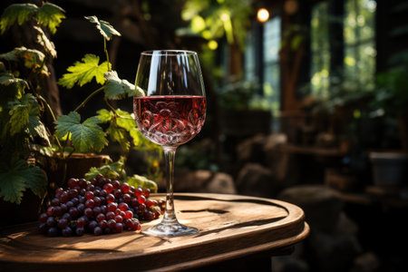 Glass of red wine and grapes on wooden table in vineyard.の素材