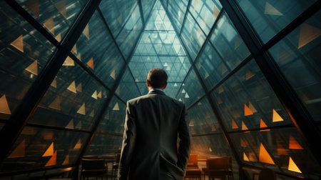 Businessman looking at the city through the glass wall of the buildingの素材