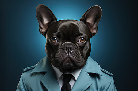Cute french bulldog in a coat and tie on blue backgroundの素材
