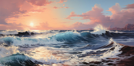 Beautiful seascape with ocean waves at sunset. 3d renderの素材