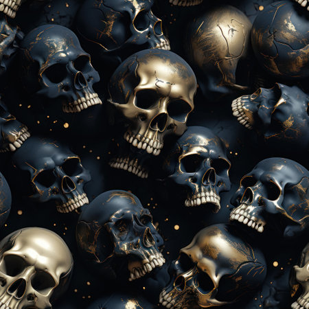Seamless pattern with human skulls on black background. 3d illustrationの素材