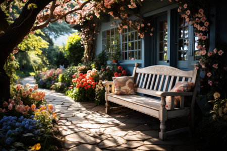 Beautiful garden with bench and flowers in the morning light. Soft focus.の素材