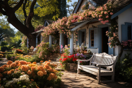 Beautiful flowers in the garden with a bench and a blue houseの素材