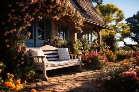 Luxury house in the garden with a bench and flowers.の素材