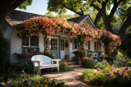 Beautiful garden with a bench and flowers in front of the houseの素材