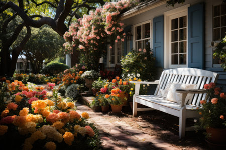 Outdoor view of a bench in a garden with flowers and treesの素材