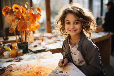 Portrait of a smiling little girl painting with watercolors in art studioの素材