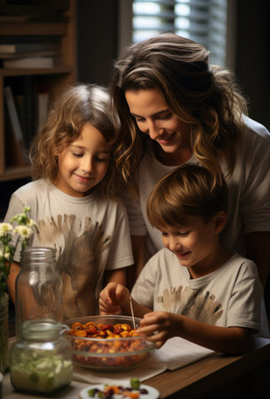 happy mother and kids eating healthy food at home kitchen at night togetherの素材