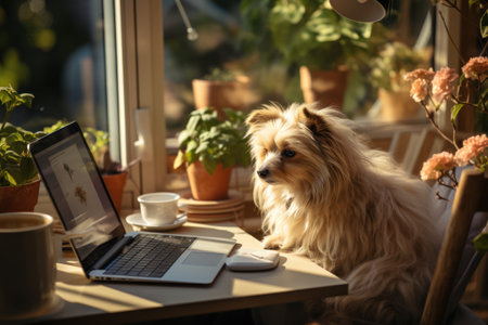 Cute dog and laptop on table in cafe. Lifestyle conceptの素材
