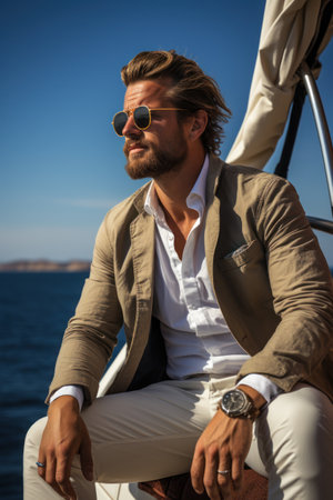 Portrait of a handsome young man in sunglasses and a suit sitting on a yachtの素材