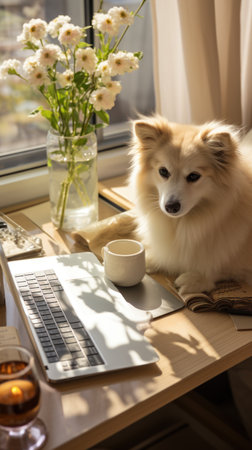 Cute dog with laptop and cup of coffee on table at homeの素材
