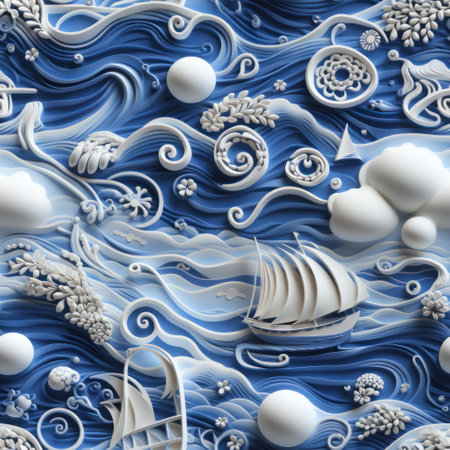 3d illustration of abstract background with waves and clouds in blue colorの素材