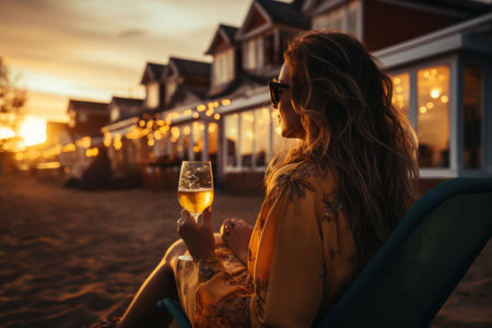 Young woman with a glass of wine on the beach at sunset.の素材