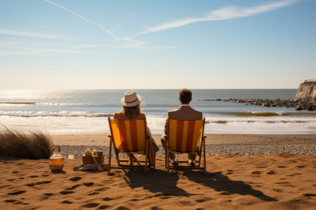 Rear view of couple sitting on beach chairs and looking at the seaの素材