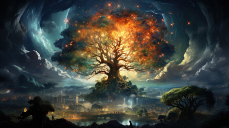Fantasy landscape with a big tree in the middle of the forestの素材