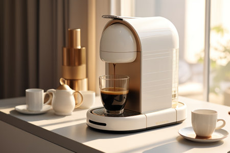 Modern coffee machine with cups on table in room. Home interior designの素材