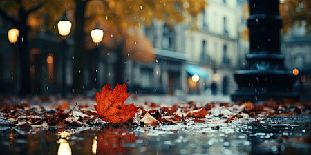 Fallen leaves in the rain in Paris, France. Autumn season.の素材
