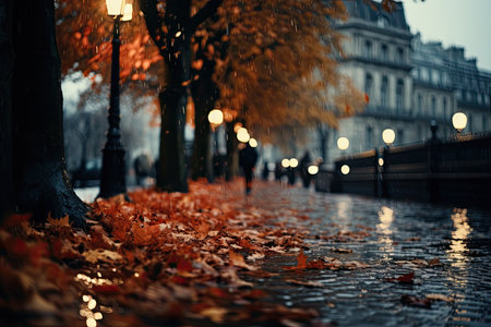 Autumn cityscape with falling leaves on a wet street in Paris, Franceの素材