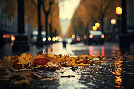 Rainy autumn day in Paris, France. Raindrops on the street.の素材