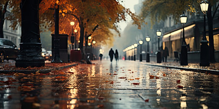Yellow leaves on the wet street in Paris, France. Autumn season.の素材