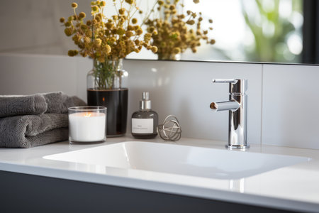 Modern faucet and soap dispenser on white countertop in bathroomの素材