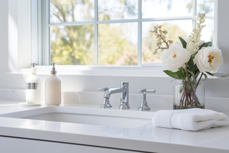 Modern bathroom with white sink, faucet, towel and flowersの素材