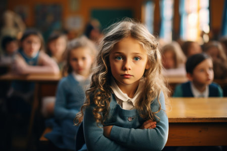 Cute little girl sitting at the desk in the classroom and looking at cameraの素材
