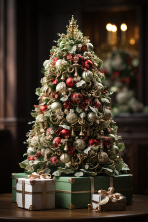 Decorated Christmas tree with red and green baubles.の素材