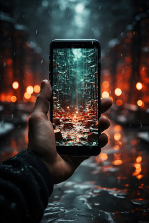 Man using smart phone to take a photo of a city at nightの素材