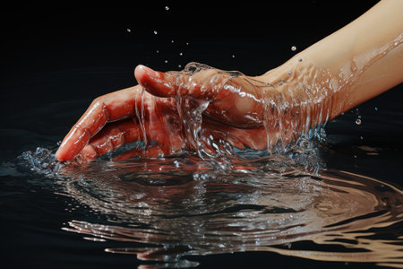 Female hands with water splashes on black background, close-upの素材