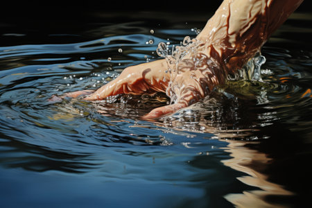 Woman's hand splashing water on dark background, close-upの素材