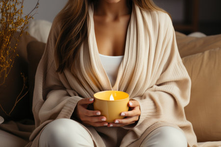 Young woman with cup of tea at home, closeup. Cozy atmosphereの素材