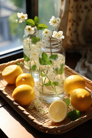 Glass of lemonade with fresh lemons and mint on window sillの素材