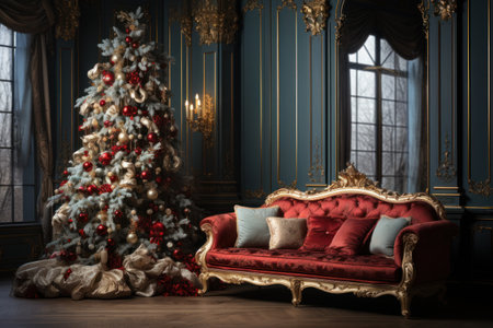 Christmas living room interior with a Christmas tree and a sofa. 3d renderの素材